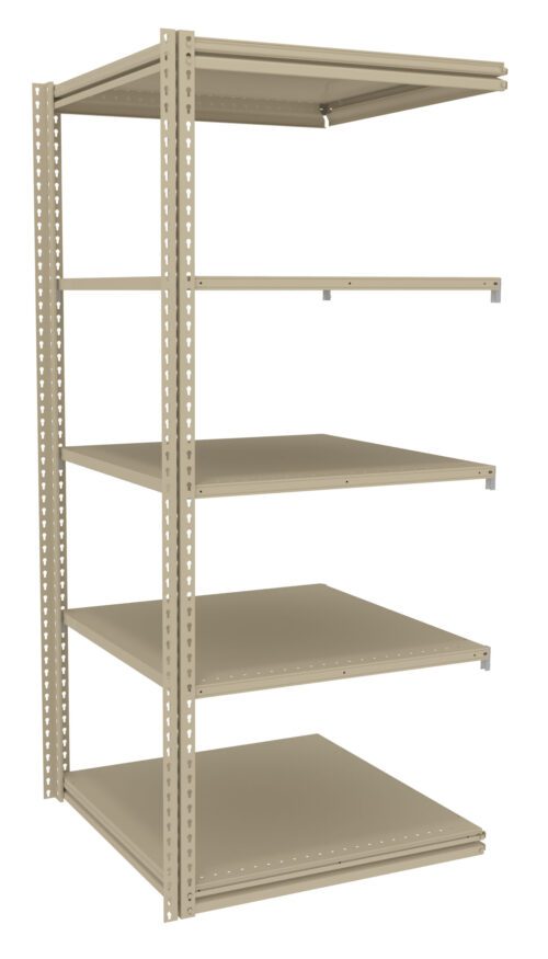 Metal shelving unit with five beige shelves and a frame with adjustable perforated supports. Ideal for storage or organizing various items in a garage or warehouse setting.