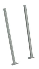 Two grey metal shelving posts with evenly spaced holes for adjustable shelving. They are upright and angled slightly towards each other on a white background.