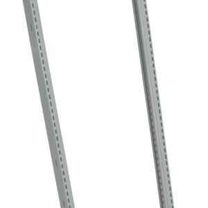 Two grey metal shelving posts with evenly spaced holes for adjustable shelving. They are upright and angled slightly towards each other on a white background.