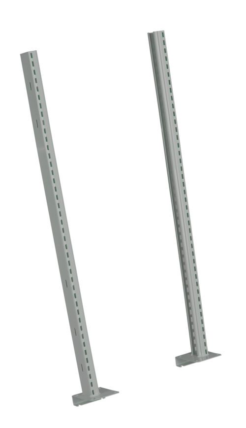 Two grey metal shelving posts with evenly spaced holes for adjustable shelving. They are upright and angled slightly towards each other on a white background.
