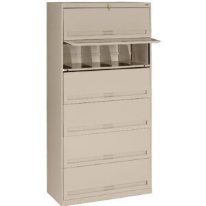 A beige, tall filing cabinet with six drawers. The top drawer is slightly open, showing divided compartments inside. The cabinet is designed for office storage and organization.