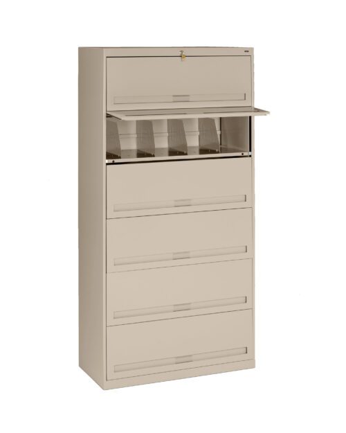 A beige, tall filing cabinet with six drawers. The top drawer is slightly open, showing divided compartments inside. The cabinet is designed for office storage and organization.