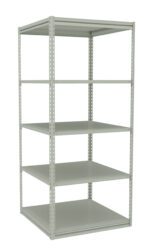 Metal storage shelf unit with four adjustable horizontal shelves and a sturdy frame. The light gray structure is designed for organizing items, featuring an open back and sides for easy access.