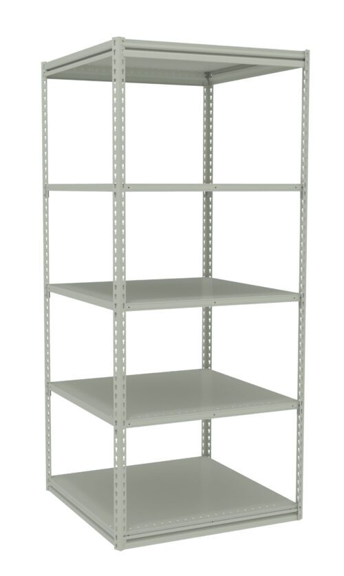 Metal storage shelf unit with four adjustable horizontal shelves and a sturdy frame. The light gray structure is designed for organizing items, featuring an open back and sides for easy access.
