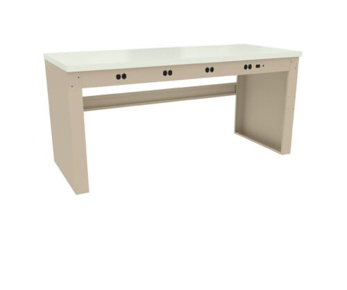 A beige workbench with a white tabletop and multiple power outlets along the front edge. The bench has an open leg design, allowing space underneath.