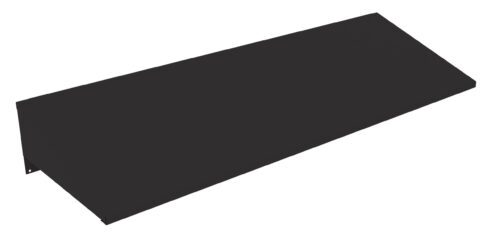 A black, rectangular metal shelf with a simple, modern design. It has a flat surface and slightly angled edges. The shelf is viewed from an angle, showcasing its depth and clean lines against a white background.