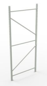 Metal shelving unit frame with vertical beams and diagonal supports, on a white background. The frame has perforated holes for adjustable shelf placement.