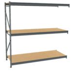 A metal shelving unit with three levels and wood-like panels on each shelf. It has an open design with vertical supports on the left side and appears suitable for storage or organization purposes.