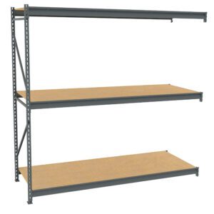 A metal shelving unit with three levels and wood-like panels on each shelf. It has an open design with vertical supports on the left side and appears suitable for storage or organization purposes.