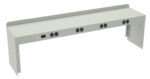 Metallic power distribution unit with multiple round sockets and a switch on the front panel, designed for mounting. The unit is elongated with a curved top edge and open side brackets.