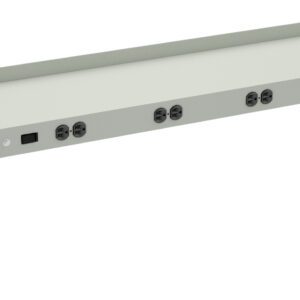 Metallic power distribution unit with multiple round sockets and a switch on the front panel, designed for mounting. The unit is elongated with a curved top edge and open side brackets.