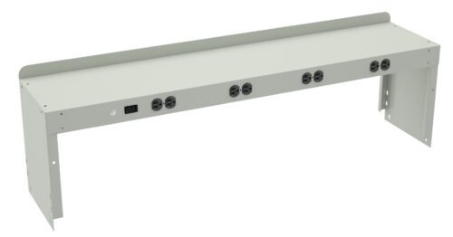 Metallic power distribution unit with multiple round sockets and a switch on the front panel, designed for mounting. The unit is elongated with a curved top edge and open side brackets.