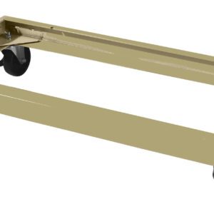 A beige, rectangular metal dolly with four black swivel casters. The dolly has a simple open frame design, suitable for transporting heavy objects.