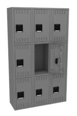 A gray metal locker unit with nine compartments arranged in a three-by-three grid. One compartment door is open, showing the interior and a latch mechanism, while the rest are closed.