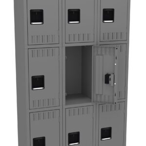 A gray metal locker unit with nine compartments arranged in a three-by-three grid. One compartment door is open, showing the interior and a latch mechanism, while the rest are closed.