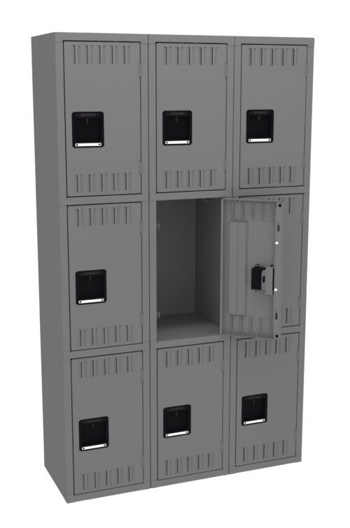 A gray metal locker unit with nine compartments arranged in a three-by-three grid. One compartment door is open, showing the interior and a latch mechanism, while the rest are closed.