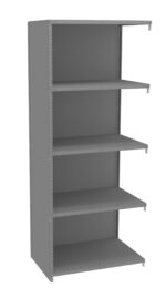 A gray, five-shelf metal storage unit with evenly spaced shelves. The unit has perforated sides for adjustable shelving and is empty. The angle shows a front and side perspective against a plain white background.