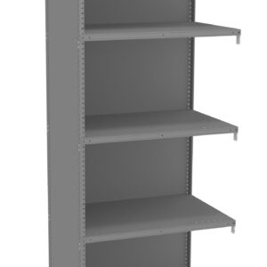 A gray, five-shelf metal storage unit with evenly spaced shelves. The unit has perforated sides for adjustable shelving and is empty. The angle shows a front and side perspective against a plain white background.
