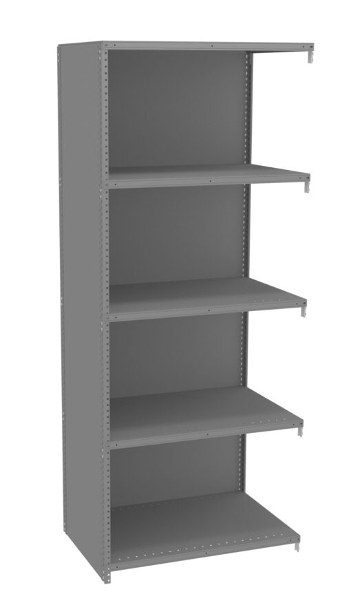 A gray, five-shelf metal storage unit with evenly spaced shelves. The unit has perforated sides for adjustable shelving and is empty. The angle shows a front and side perspective against a plain white background.