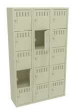 A beige locker unit featuring three columns and five rows of small individual lockers, with vented doors. Two locker doors are open, revealing empty compartments inside.