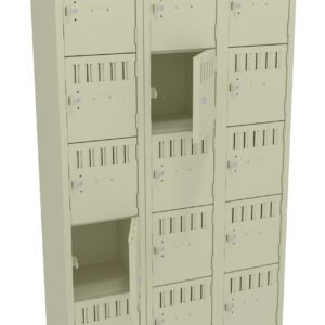 A beige locker unit featuring three columns and five rows of small individual lockers, with vented doors. Two locker doors are open, revealing empty compartments inside.