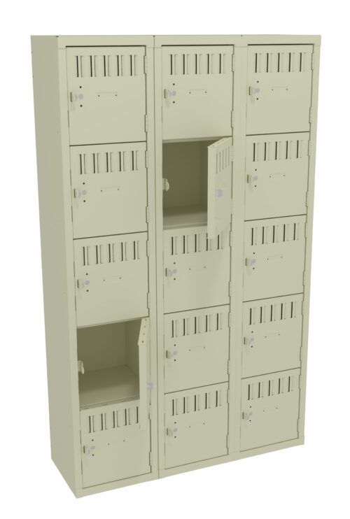 A beige locker unit featuring three columns and five rows of small individual lockers, with vented doors. Two locker doors are open, revealing empty compartments inside.