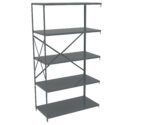 A gray metal storage shelf with five adjustable shelves, supported by a frame with angled supports for stability. The shelves are evenly spaced and the unit is freestanding.