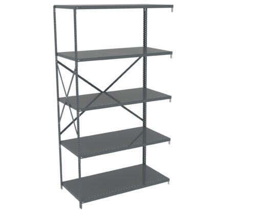 A gray metal storage shelf with five adjustable shelves, supported by a frame with angled supports for stability. The shelves are evenly spaced and the unit is freestanding.
