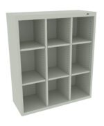 Gray metal shelving unit with nine square compartments arranged in a 3x3 grid. Each compartment has perforated sides for adjustable shelving. The unit stands on the floor with a smooth, plain surface.