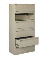 A tall, beige filing cabinet with five drawers. The second and fourth drawers are open, revealing empty spaces for file storage. The cabinet is standing against a white background.