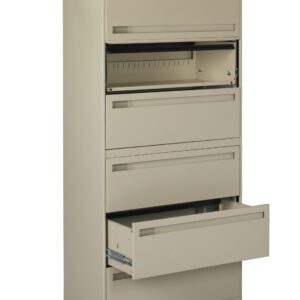 A tall, beige filing cabinet with five drawers. The second and fourth drawers are open, revealing empty spaces for file storage. The cabinet is standing against a white background.