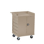 A beige metal storage cart with four wheels. It features a top tray, a side compartment with a door and a lock, and a row of small drawers on the front. The cart has a simple, industrial design.