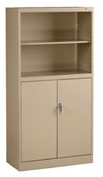 A beige metal cabinet with two shelves on the top and two lockable doors at the bottom. The cabinet has a simple, functional design and is set against a plain white background.