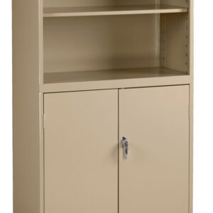 A beige metal cabinet with two shelves on the top and two lockable doors at the bottom. The cabinet has a simple, functional design and is set against a plain white background.
