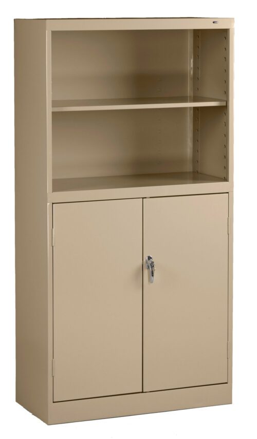bvchrop7k9czzuv7dntt.jpg A beige metal cabinet with two shelves on the top and two lockable doors at the bottom. The cabinet has a simple, functional design and is set against a plain white background.