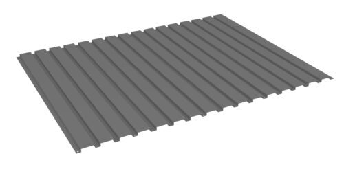 Illustration of a corrugated metal sheet viewed from an angle, showing parallel ridges running lengthwise. The sheet is gray with a smooth texture, typically used in roofing or siding applications.