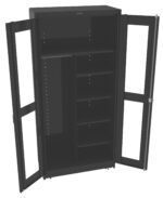 A black metal cabinet with open double doors, featuring multiple shelves on the right side and a tall storage space on the left, designed for holding various items efficiently.