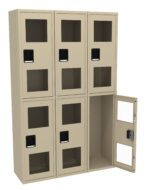 A beige, six-compartment metal locker with glass-paneled doors. One door is open, revealing an empty interior. Each compartment has a black handle and lock mechanism. The lockers are arranged in a 3x2 grid.