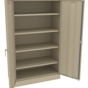 An empty beige metal storage cabinet with a single door open, revealing five adjustable shelves inside. The cabinet has a handle and a lock mechanism on the open doors edge.