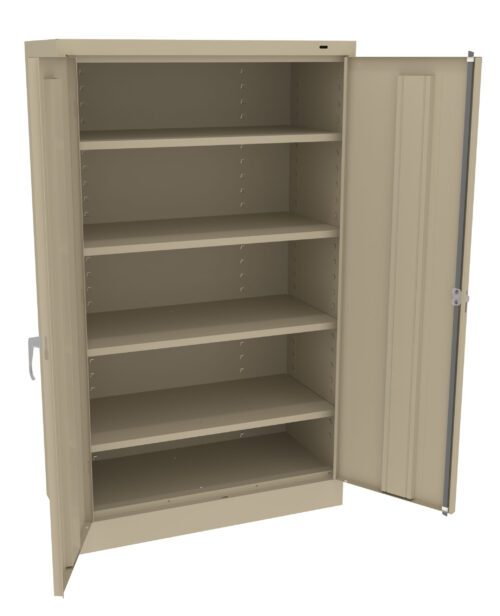 bvs4jfsjf0mnviscrttf.jpg An empty beige metal storage cabinet with a single door open, revealing five adjustable shelves inside. The cabinet has a handle and a lock mechanism on the open doors edge.