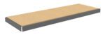 A rectangular wooden shelf with a light brown top and dark gray edges, viewed from a slight angle, showing the thickness and build of the shelf.