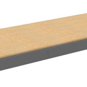 A rectangular wooden shelf with a light brown top and dark gray edges, viewed from a slight angle, showing the thickness and build of the shelf.