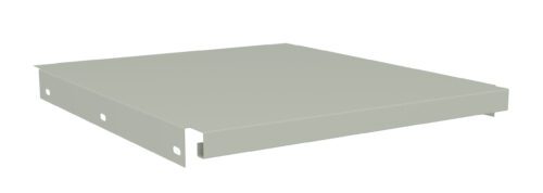 bvwhemii6dmkgeba7cor.jpg A beige metal shelf panel with a flat surface and perforated edges, designed for use in shelving units.