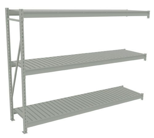bvyqy66flgy0gpmbllje.jpg A gray, industrial metal shelving unit with three wide, evenly spaced shelves, seen at an angle. The shelves feature slatted surfaces and appear sturdy, suitable for storage in a warehouse or garage.