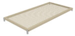 A beige metal mesh shelf with a rectangular frame and small circular perforations. It has four metal brackets for mounting. The surface is flat and the mesh design allows for airflow and visibility.
