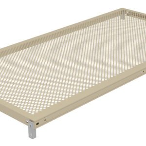 A beige metal mesh shelf with a rectangular frame and small circular perforations. It has four metal brackets for mounting. The surface is flat and the mesh design allows for airflow and visibility.