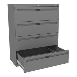 A gray metal filing cabinet with four drawers; the fourth drawer is open. The cabinets have sleek handles and a minimalist design.