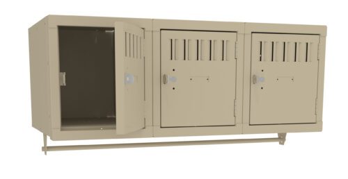 bwozpqnosn7llrs1zbh7.jpg Three beige wall-mounted metal lockers, each with a small vent at the top. The left locker door is open, revealing an empty interior, while the two right lockers are closed. A horizontal bar runs across below them.