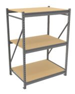 A freestanding metal storage rack with three wooden shelves. The frame is grey with cross supports on the sides for stability. The shelves are evenly spaced, providing ample storage space. The design is industrial and functional.