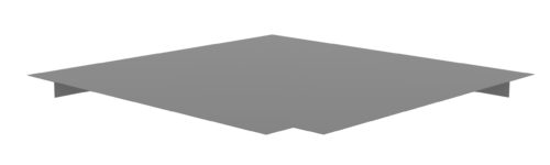 A flat, gray metal object with a slightly elevated edge, likely a panel or cover, viewed from a low angle against a white background. There are two shallow extensions visible beneath the main surface.